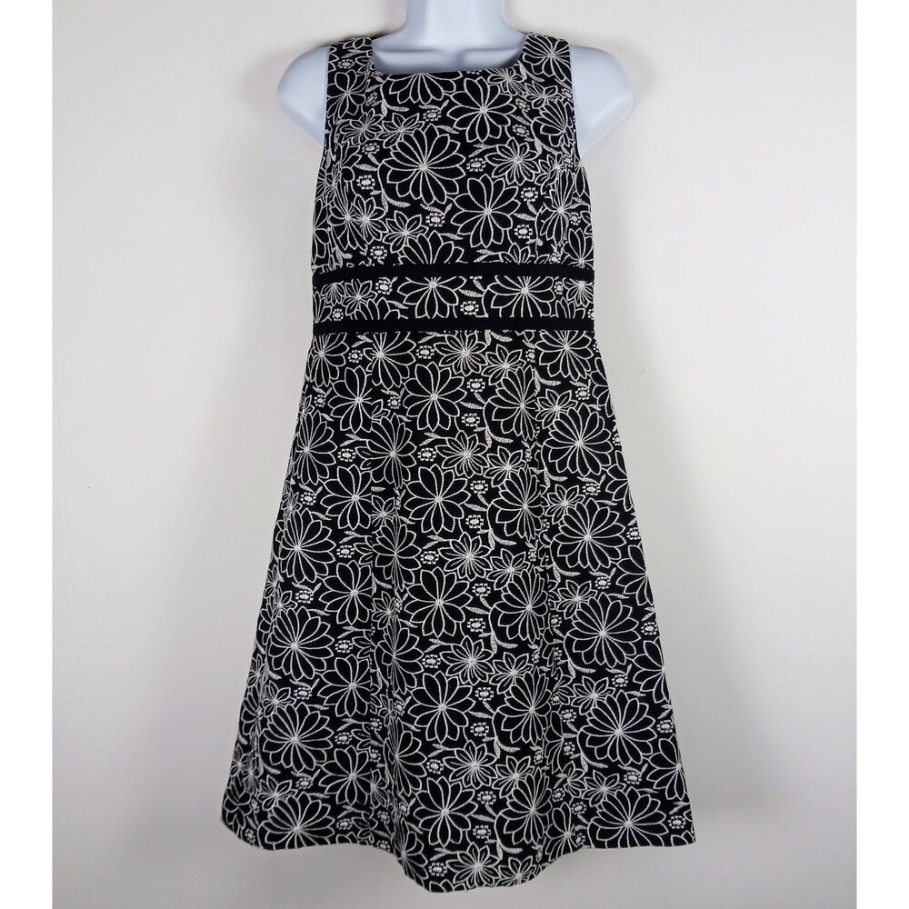 Talbots Linen Blend Sleeveless Embroidered Dress Size 4P Black White Floral